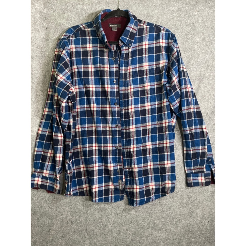 Eddie Bauer Mens Blue Plaid Flannel Button Down Shirt Large Long Sleeve L